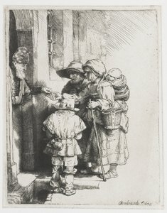 Een blinde draailierspeler en familie die aalmoezen ontvangen door Rembrandt van Rijn